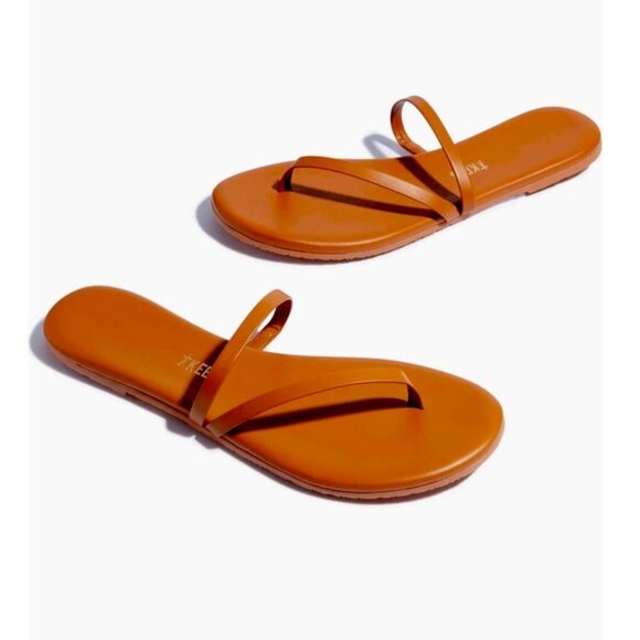 Tkees NEW Sarit Leather Sandals Asymmetrical Straps Cognac Mules Slides Flats 7 - Picture 1 of 16